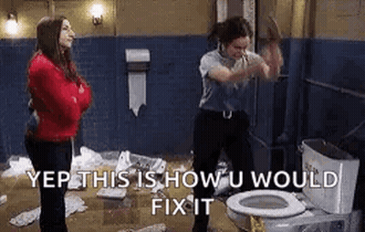 A Woman Is Standing Next To A Toilet With A Hammer In Her Hand . GIF