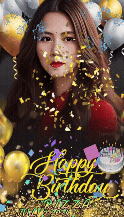 A Woman Is Surrounded By Balloons And Confetti With The Words Happy Birthday Written On The Bottom GIF
