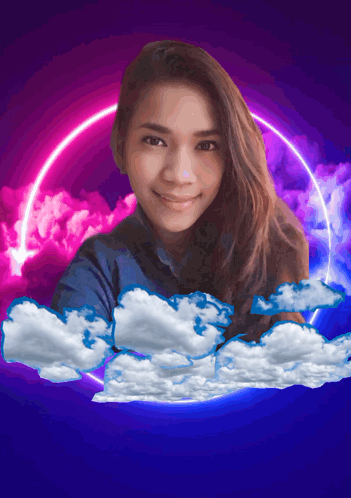 A Woman Is Surrounded By Clouds And A Pink And Blue Circle GIF