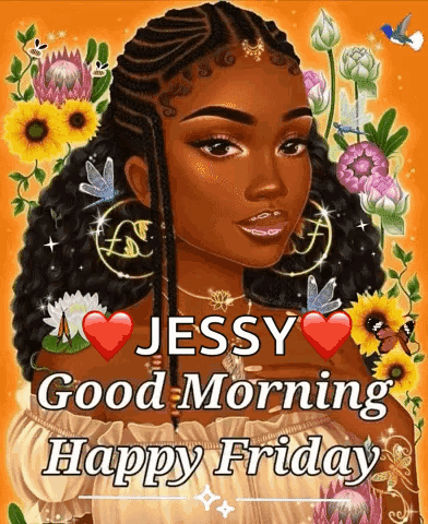 A Woman Is Surrounded By Flowers And Hearts And Says Jessy Good Morning Happy Friday . GIF