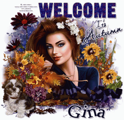 A Woman Is Surrounded By Flowers And Leaves With The Words Welcome It 'S Autumn Gina GIF
