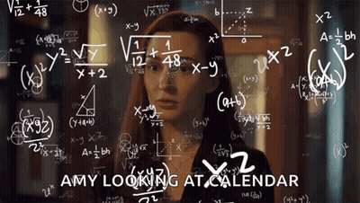 A Woman Is Surrounded By Mathematical Equations With The Words Amy Looking At Calendar At The Bottom GIF