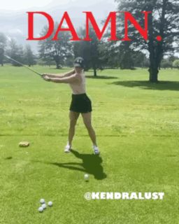 A Woman Is Swinging A Golf Club On A Golf Course And The Word Damn Is Visible GIF