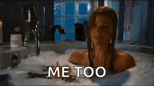 A Woman Is Taking A Bath In A Bathtub With The Words Me Too Written On The Bottom GIF
