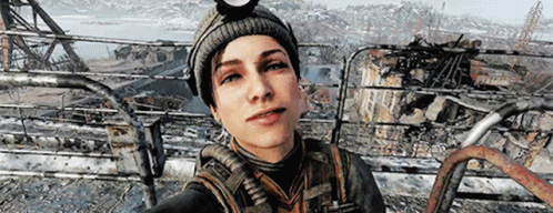 A Woman Is Taking A Selfie In A Video Game While Wearing A Beanie And Goggles . GIF