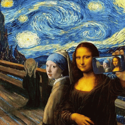 A Woman Is Taking A Selfie In Front Of A Starry Night Sky Painting GIF