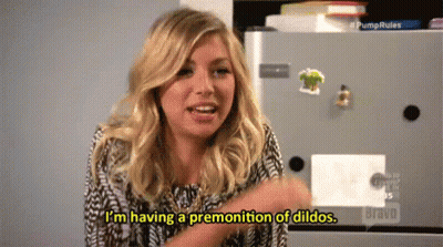 A Woman Is Talking About Having A Premonition Of Dildos GIF