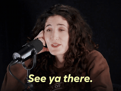 A Woman Is Talking Into A Microphone And The Words See Ya There Are On The Screen GIF