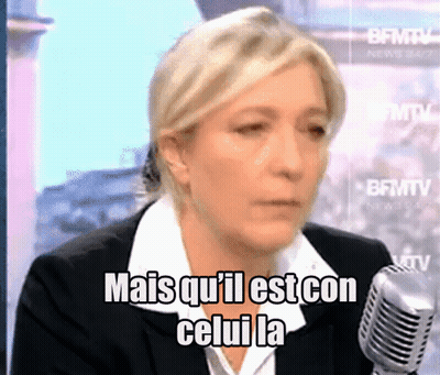 A Woman Is Talking Into A Microphone With The Words Mais Qu ' Il Est Con Celui La GIF