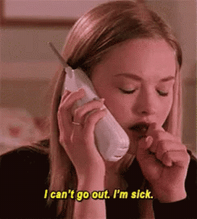 A Woman Is Talking On A Cell Phone And Saying `` I Can 'T Go Out . I 'M Sick '' GIF