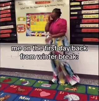 A Woman Is Talking On A Cell Phone In A Classroom With The Words Me On The First Day Back From Winter Break Written On T GIF