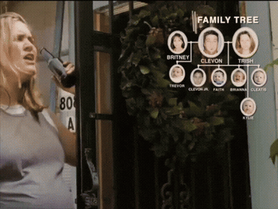 A Woman Is Talking On A Cell Phone With A Family Tree Behind Her GIF