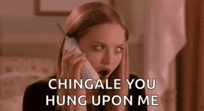 A Woman Is Talking On A Cell Phone With Her Mouth Open And Says `` Chingale You Hung Upon Me '' . GIF