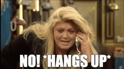 A Woman Is Talking On A Cell Phone With The Words No Hangs Up Written On The Screen . GIF