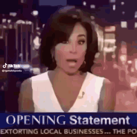 A Woman Is Talking On A News Channel About The Opening Statement Extorting Local Businesses GIF