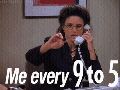 A Woman Is Talking On A Phone With The Words `` Me Every 9 To 5 '' Written On The Bottom . GIF