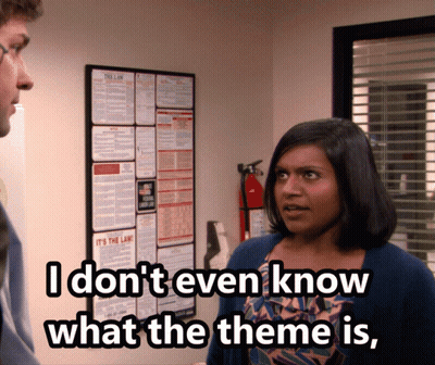 A Woman Is Talking To A Man And Says " I Don T Even Know What The Theme Is " GIF