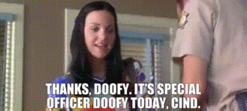 A Woman Is Talking To A Police Officer And Says Thanks Doofy It 'S Special Officer Doofy Today Cind . GIF