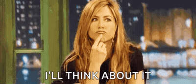 A Woman Is Thinking And Holding Her Finger To Her Chin . GIF