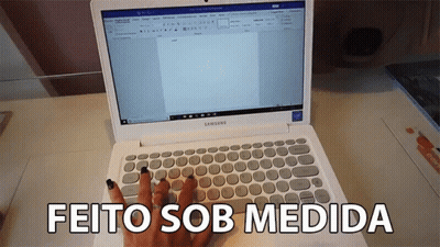 A Woman Is Typing On A White Samsung Laptop With The Words Feito Sob Medida Below It GIF