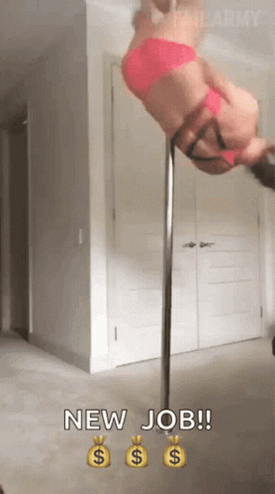 A Woman Is Upside Down On A Pole With The Words New Job Written On The Bottom GIF