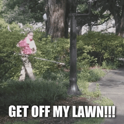 A Woman Is Using A Lawn Mower In A Park With The Caption " Get Off My Lawn " GIF