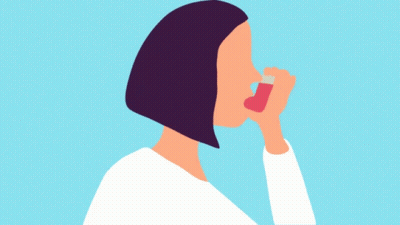 A Woman Is Using A Red Inhaler In Her Mouth GIF