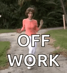 A Woman Is Walking Down A Path With The Words Off Work Behind Her . GIF