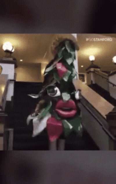 A Woman Is Walking Down A Set Of Stairs Wearing A Costume Made Out Of Flowers GIF