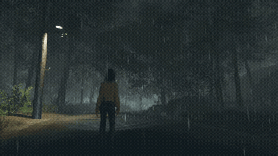A Woman Is Walking In The Rain In A Dark Forest GIF