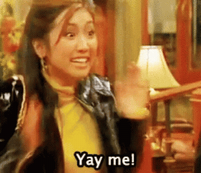 A Woman Is Waving Her Hand And Saying `` Yay Me ! '' GIF