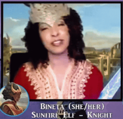 A Woman Is Wearing A Crown And Holding A Sword And The Name Bineta Is On The Bottom GIF