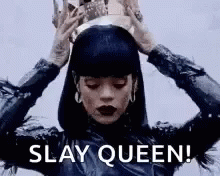 A Woman Is Wearing A Crown On Her Head And Holding It In Her Hands . GIF