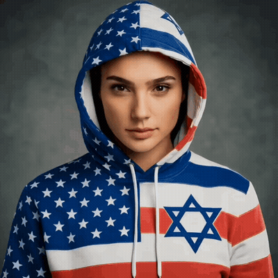 A Woman Is Wearing A Hoodie With An American Flag And A Jewish Star On It GIF