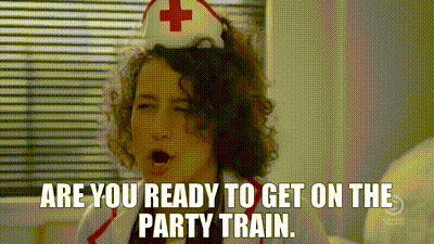 A Woman Is Wearing A Nurse Costume And Says `` Are You Ready To Get On The Party Train . '' GIF