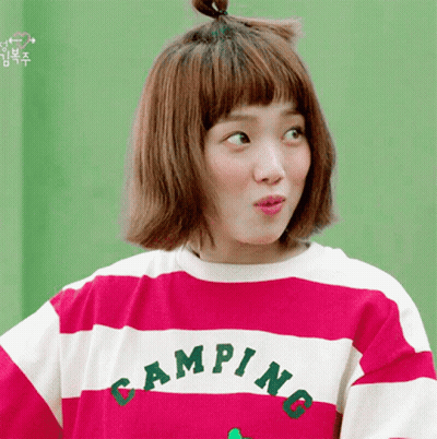 A Woman Is Wearing A Pink And White Striped Shirt That Says Camping GIF