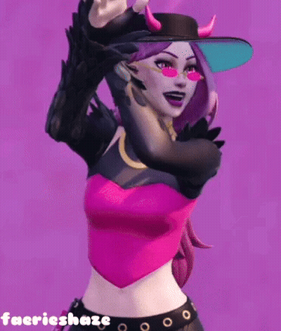 A Woman Is Wearing A Pink Top And A Hat With Horns On It . GIF
