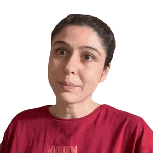 A Woman Is Wearing A Red Shirt That Says Hueon Sticker