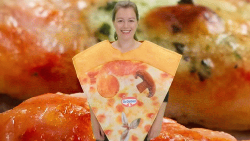 A Woman Is Wearing A Slice Of Pizza That Says Dr. Oetker On It GIF