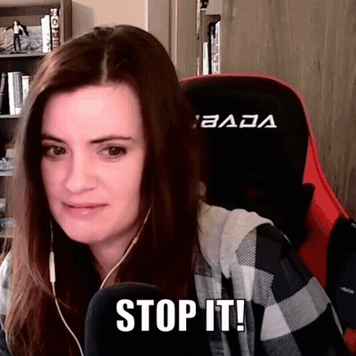 A Woman Is Wearing Headphones And Sitting In A Gaming Chair With The Words Stop It Written On Her Face . GIF