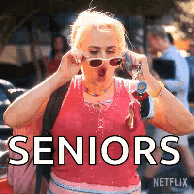 A Woman Is Wearing Sunglasses And Making A Funny Face With The Words Seniors In The Background GIF