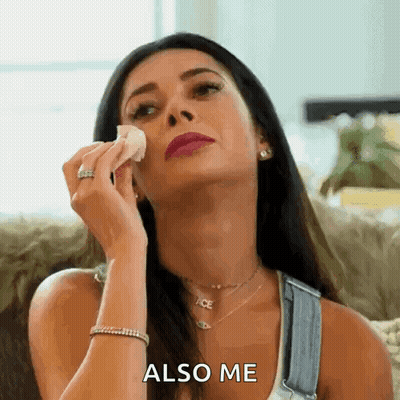 A Woman Is Wiping Her Face With A Napkin And Saying Also Me . GIF