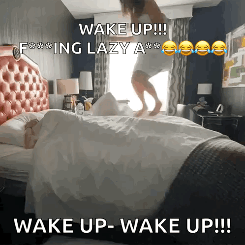A Woman Jumping On A Bed With The Caption Wake Up GIF
