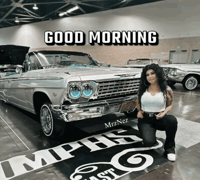 A Woman Kneeling In Front Of A Car With The Words Good Morning Written Above Her GIF