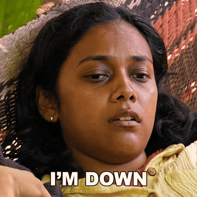 A Woman Laying In A Hammock With The Words I 'M Down Above Her GIF