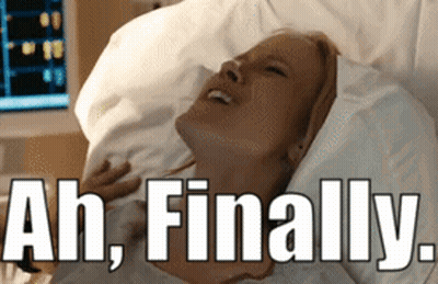 A Woman Laying In A Hospital Bed With The Words Ah Finally Written Above Her GIF