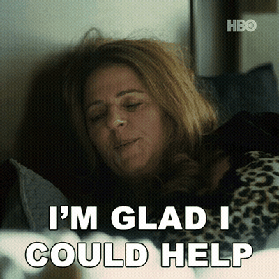 A Woman Laying In Bed With The Words I 'M Glad I Could Help On The Bottom GIF