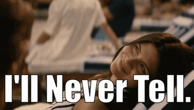 A Woman Laying On A Beach Chair With The Words I 'Ll Never Tell GIF