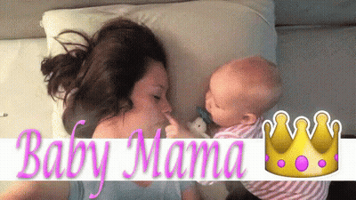 A Woman Laying On A Bed With A Baby And The Words Baby Mama Written On The Bottom GIF