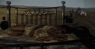 A Woman Laying On A Bed With A Picture Of A Horse On The Wall Behind Her GIF